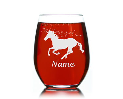 Unicorn with Name 17 oz.  Custom Stemless Wine Glass - Personalized Unicorn Themed Gift for Women and Men
