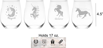 Unicorn Stemless Wine Glass Set – Unicorn Themed Gift for Women and Men – 4 Pieces