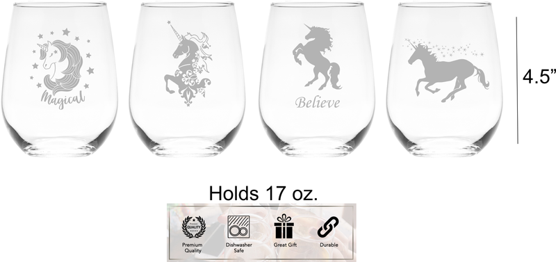 Unicorn Stemless Wine Glass Set – Unicorn Themed Gift for Women and Men – 4 Pieces
