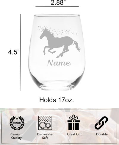 Unicorn with Name 17 oz.  Custom Stemless Wine Glass - Personalized Unicorn Themed Gift for Women and Men