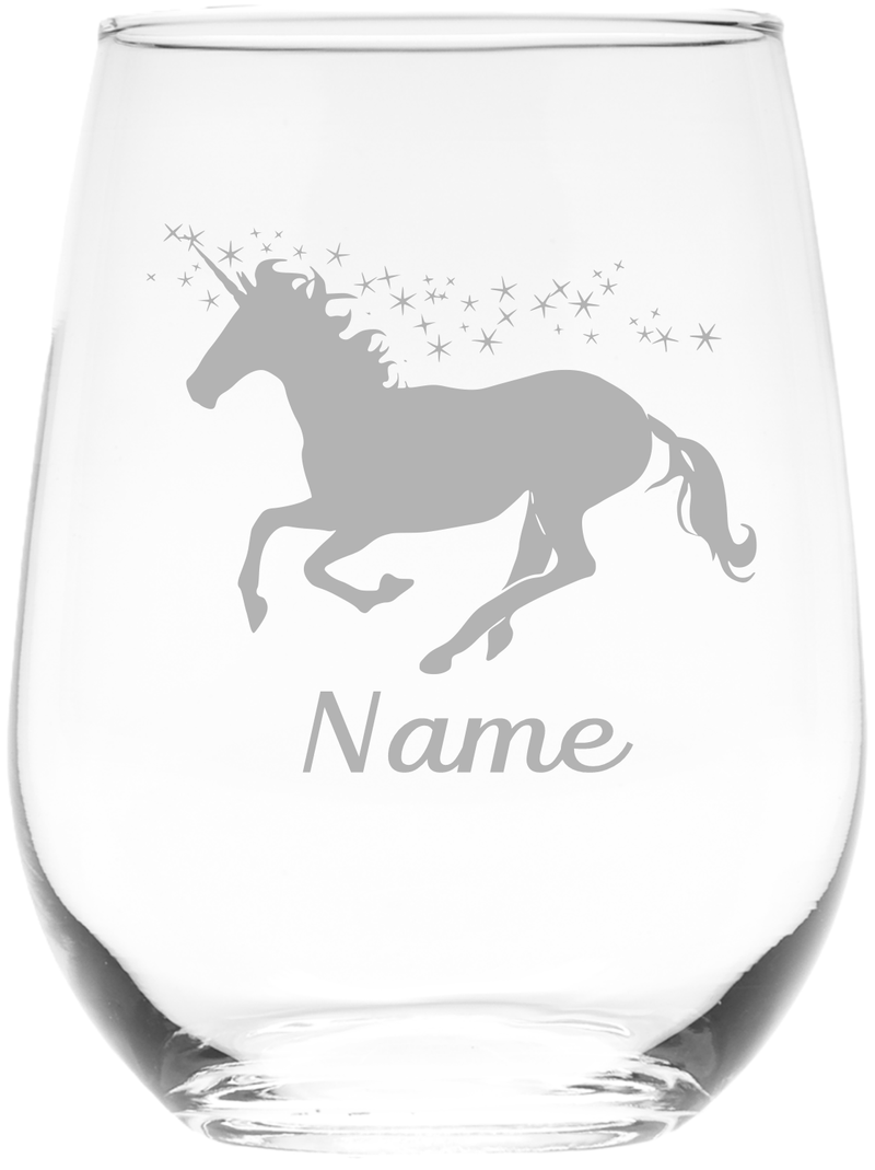 Unicorn with Name 17 oz.  Custom Stemless Wine Glass - Personalized Unicorn Themed Gift for Women and Men