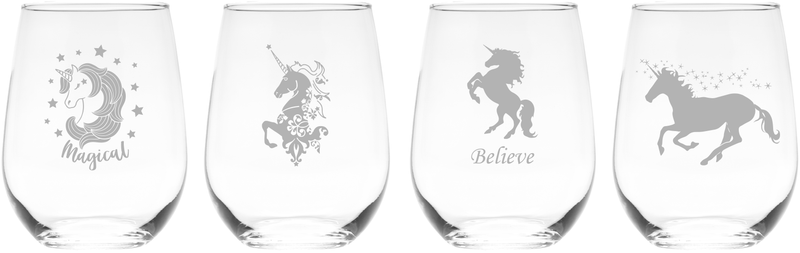 Unicorn Stemless Wine Glass Set – Unicorn Themed Gift for Women and Men – 4 Pieces