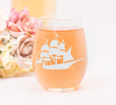 Vintage Ship Nautical Stemless Wine Glass - Nautical Themed Gift for Men and Women  17 oz.