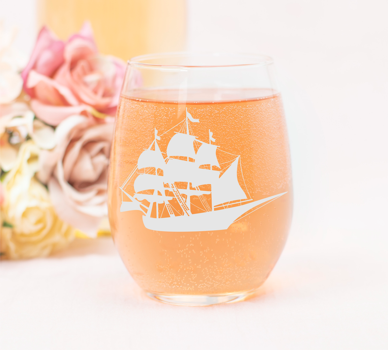 Vintage Ship Nautical Stemless Wine Glass - Nautical Themed Gift for Men and Women  17 oz.