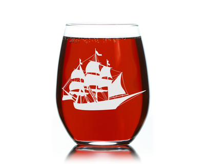 Vintage Ship Nautical Stemless Wine Glass - Nautical Themed Gift for Men and Women  17 oz.