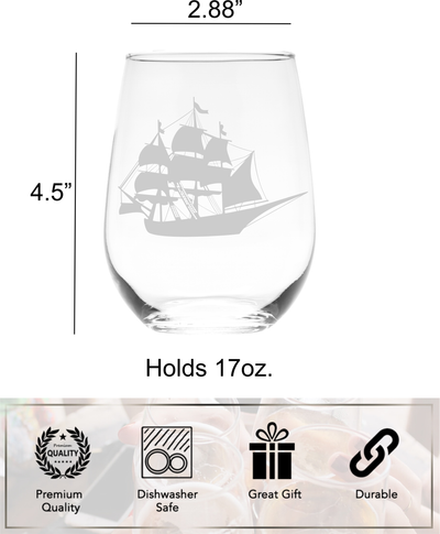 Vintage Ship Nautical Stemless Wine Glass - Nautical Themed Gift for Men and Women  17 oz.