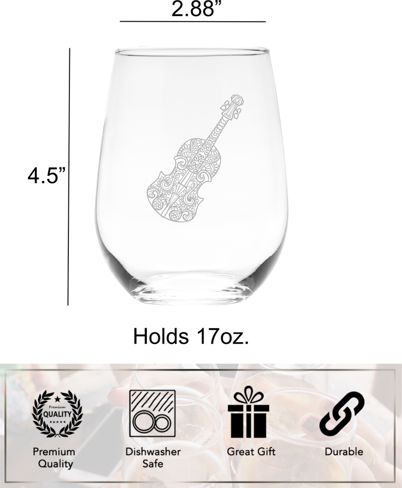 Violin Stemless Wine Glass - Violin Themed Gift for Women and Men -  17 oz.