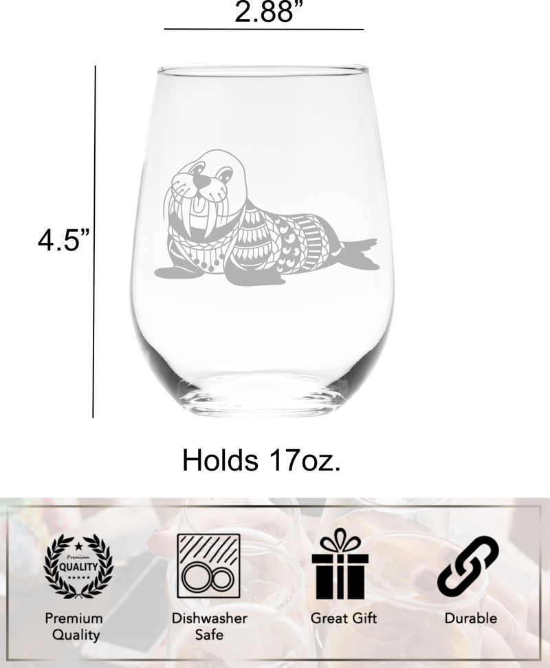 Walrus Stemless Wine Glass - Walrus Themed Gift for Women and Men -  17 oz.