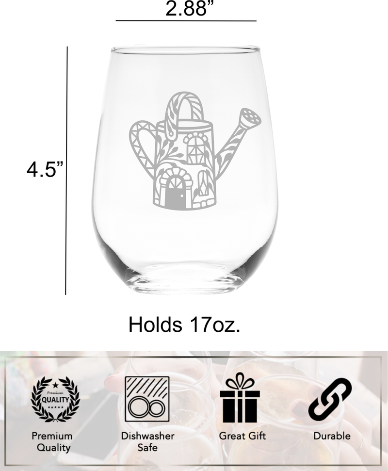 Watering Can Themed Stemless Wine Glass, 17 oz. - Gift for Gardeners for Women and Men