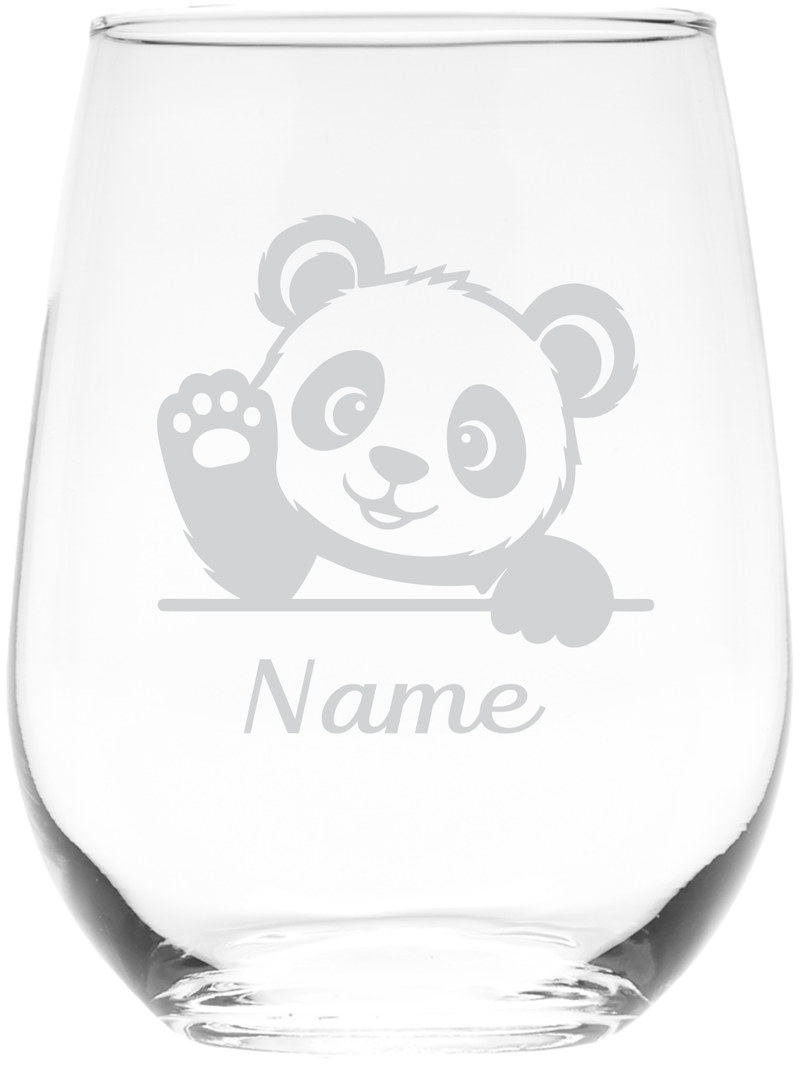 Waving Panda with Name 17 oz Stemless Wine Glass - Personalized Waving Panda Themed Gift for Women and Men