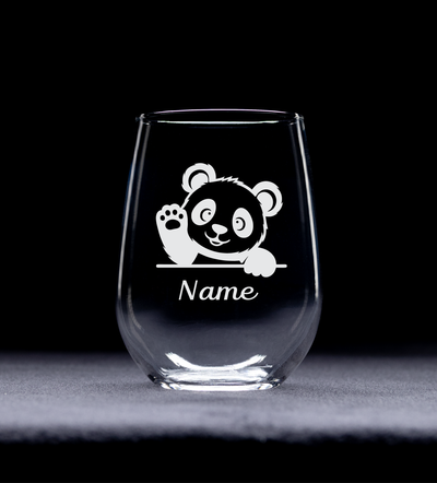 Waving Panda with Name 17 oz Stemless Wine Glass - Personalized Waving Panda Themed Gift for Women and Men