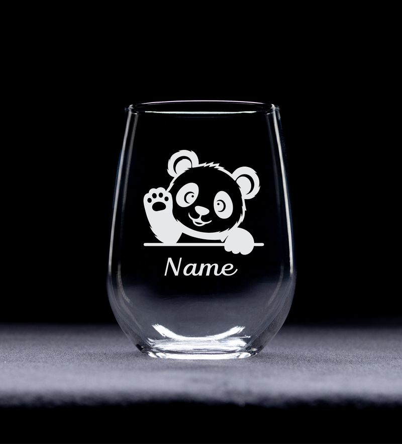 Waving Panda with Name 17 oz Stemless Wine Glass - Personalized Waving Panda Themed Gift for Women and Men