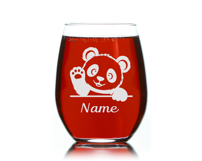 Waving Panda with Name 17 oz Stemless Wine Glass - Personalized Waving Panda Themed Gift for Women and Men