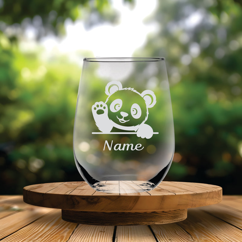 Waving Panda with Name 17 oz Stemless Wine Glass - Personalized Waving Panda Themed Gift for Women and Men