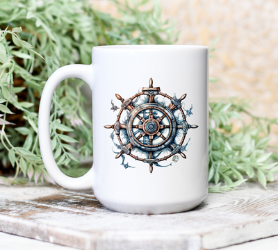 Nautical Wheel Coffee Mug - 15 oz Ceramic Coffee Cup -  - Coffee Lover Gift - Best Dad Gift - Best Husband Gift - Mom Gift