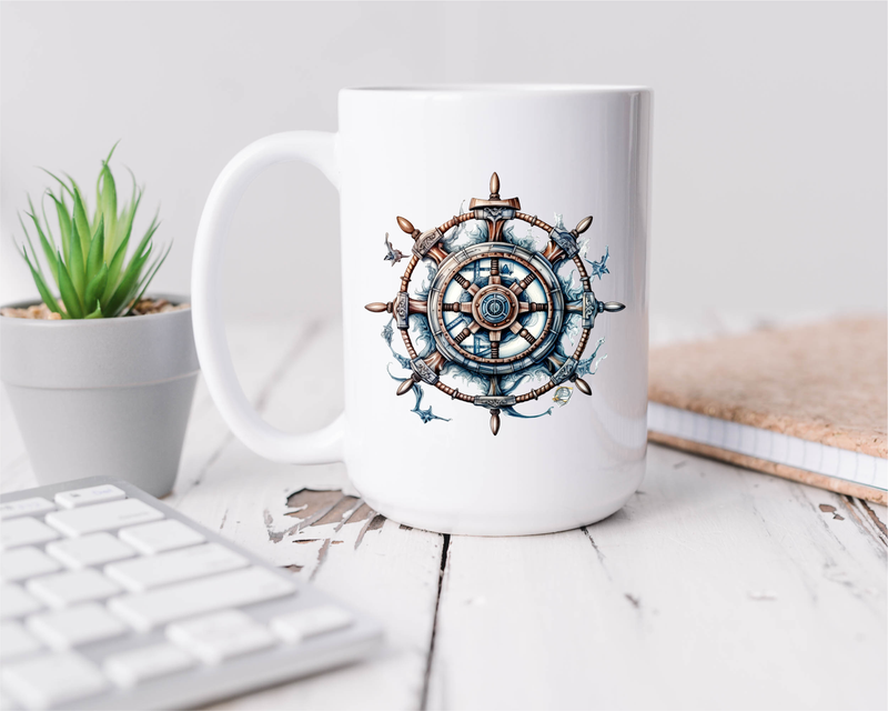 Nautical Wheel Coffee Mug - 15 oz Ceramic Coffee Cup -  - Coffee Lover Gift - Best Dad Gift - Best Husband Gift - Mom Gift