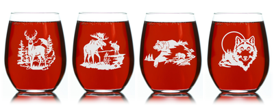 Wild Animals - Deer, Moose, Bear, Wolf Stemless Wine Glass Set – Wild Animals - Deer, Moose, Bear, Wolf Themed Gift  - 4 Pieces