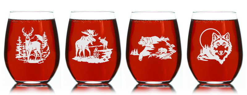 Wild Animals - Deer, Moose, Bear, Wolf Stemless Wine Glass Set – Wild Animals - Deer, Moose, Bear, Wolf Themed Gift  - 4 Pieces