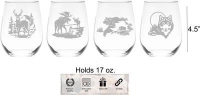 Wild Animals - Deer, Moose, Bear, Wolf Stemless Wine Glass Set – Wild Animals - Deer, Moose, Bear, Wolf Themed Gift  - 4 Pieces