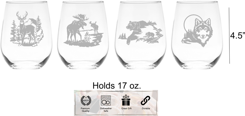 Wild Animals - Deer, Moose, Bear, Wolf Stemless Wine Glass Set – Wild Animals - Deer, Moose, Bear, Wolf Themed Gift  - 4 Pieces