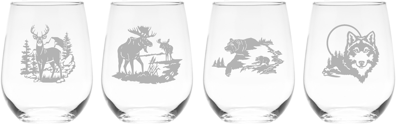 Wild Animals - Deer, Moose, Bear, Wolf Stemless Wine Glass Set – Wild Animals - Deer, Moose, Bear, Wolf Themed Gift  - 4 Pieces