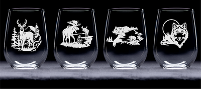 Wild Animals - Deer, Moose, Bear, Wolf Stemless Wine Glass Set – Wild Animals - Deer, Moose, Bear, Wolf Themed Gift  - 4 Pieces