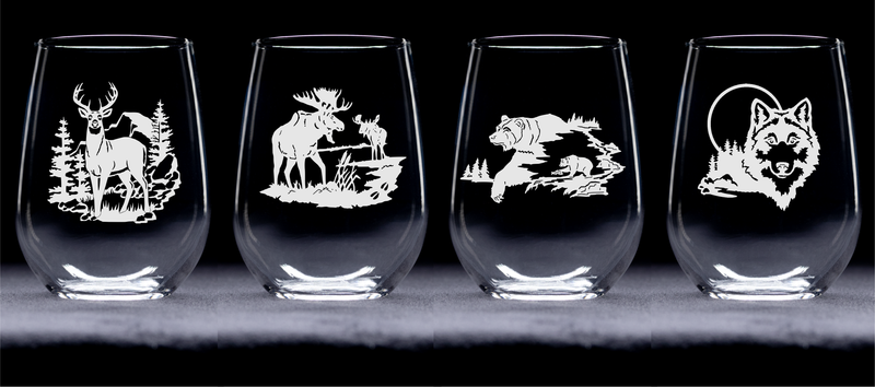 Wild Animals - Deer, Moose, Bear, Wolf Stemless Wine Glass Set – Wild Animals - Deer, Moose, Bear, Wolf Themed Gift  - 4 Pieces