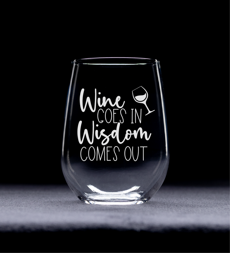 Wine Goes In Wisdom Comes Out Funny Stemless Wine Glass for Women and Men - 17 oz.