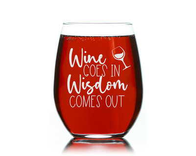Wine Goes In Wisdom Comes Out Funny Stemless Wine Glass for Women and Men - 17 oz.