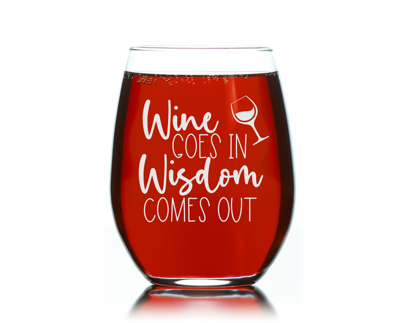 Wine Goes In Wisdom Comes Out Funny Stemless Wine Glass for Women and Men - 17 oz.