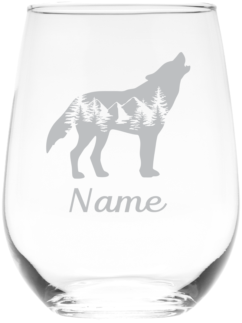Wolf with Name 17 oz.  Custom Stemless Wine Glass - Personalized Wolf Lover Themed Gift for Women and Men