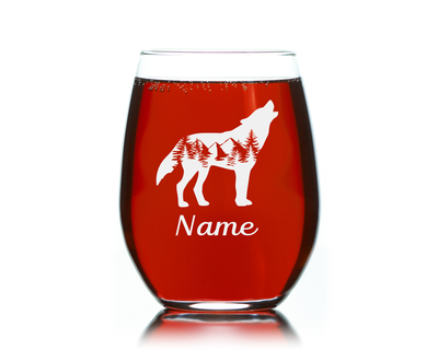 Wolf with Name 17 oz.  Custom Stemless Wine Glass - Personalized Wolf Lover Themed Gift for Women and Men