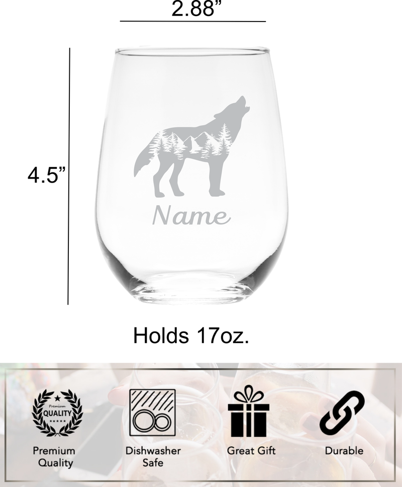 Wolf with Name 17 oz.  Custom Stemless Wine Glass - Personalized Wolf Lover Themed Gift for Women and Men