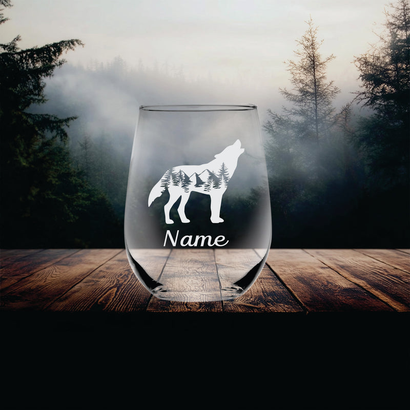 Wolf with Name 17 oz.  Custom Stemless Wine Glass - Personalized Wolf Lover Themed Gift for Women and Men