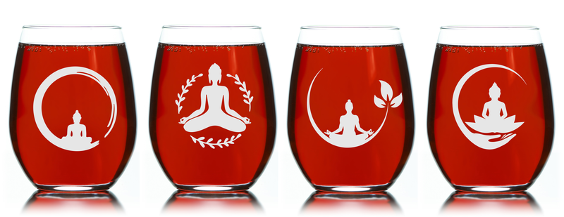 Yoga Stemless Wine Glass Set – Yoga Themed Gift for Women and Men - 4 Pieces