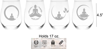Yoga Stemless Wine Glass Set – Yoga Themed Gift for Women and Men - 4 Pieces