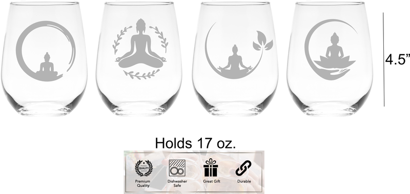 Yoga Stemless Wine Glass Set – Yoga Themed Gift for Women and Men - 4 Pieces