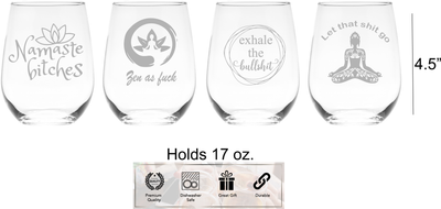 Namaste b*itches, Zen as f*ck, Exhale the bullsh*t, and Let that sh*t go Stemless Wine Glass Set - Yoga Themed Gift for Women  - 4 Pieces