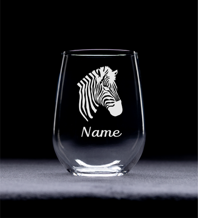 Zebra with Name 17 oz.  Custom Stemless Wine Glass - Personalized Zebra Themed Gift for Women and Men