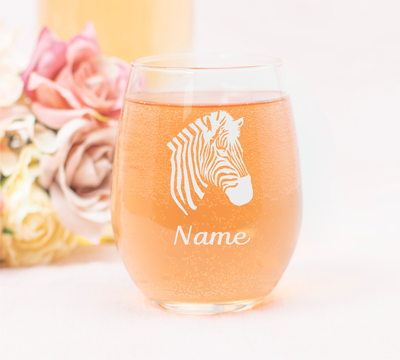 Zebra with Name 17 oz.  Custom Stemless Wine Glass - Personalized Zebra Themed Gift for Women and Men