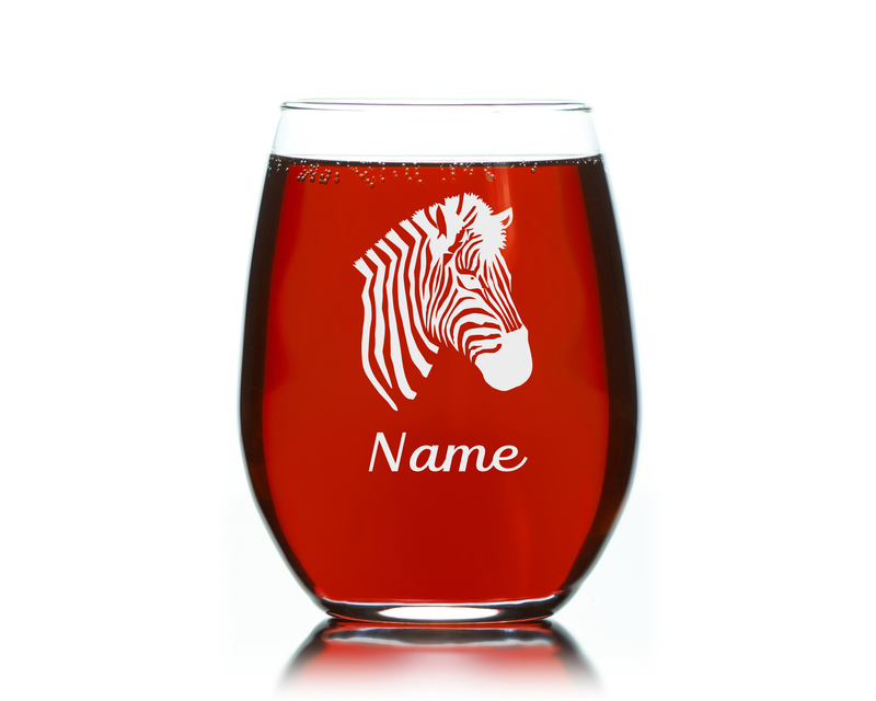 Zebra with Name 17 oz.  Custom Stemless Wine Glass - Personalized Zebra Themed Gift for Women and Men