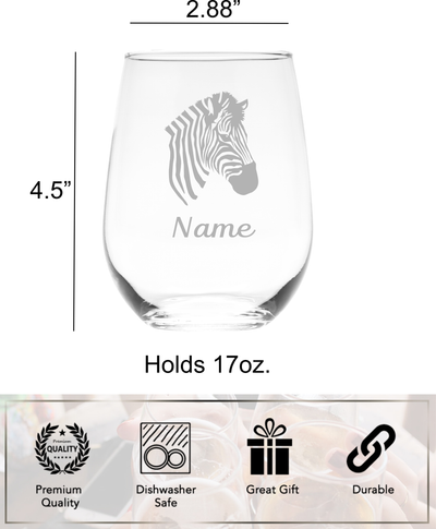 Zebra with Name 17 oz.  Custom Stemless Wine Glass - Personalized Zebra Themed Gift for Women and Men