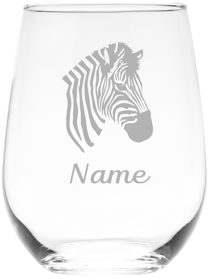 Zebra with Name 17 oz.  Custom Stemless Wine Glass - Personalized Zebra Themed Gift for Women and Men