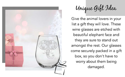 C & M Personal Gifts (1 Piece) Elephant Stemless Wine Glass, 17 Ounces, Laser Engraved Crystal Wine Glass Gift for Him or Her, Lead-free Glassware, Made in USA