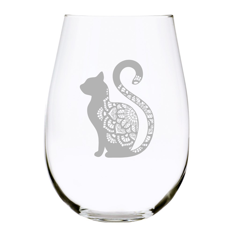 Cat sitting stemless wine glass, 17 oz.