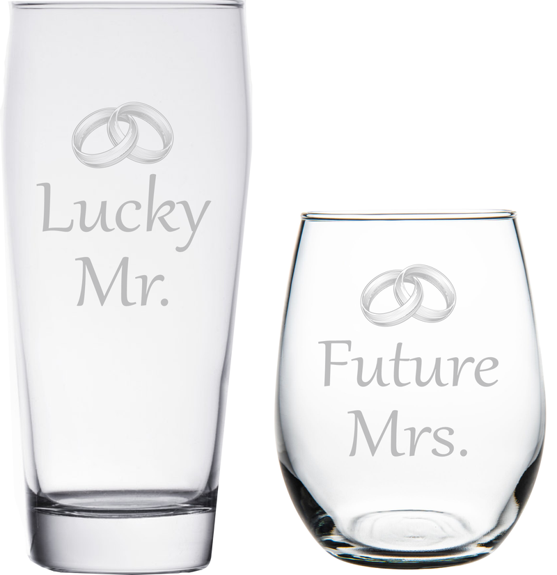 Lucky Mr. and Future Mrs. Toasting Glass Set- Engagement Gift for the happy couple