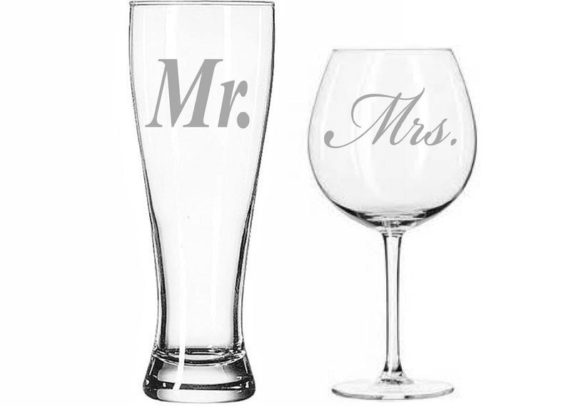 Mr. and Mrs. Beer and wine glass set - Perfect Bride and Groom toasting glasses. Great Couples Gift- Wedding Toasting Glass Set