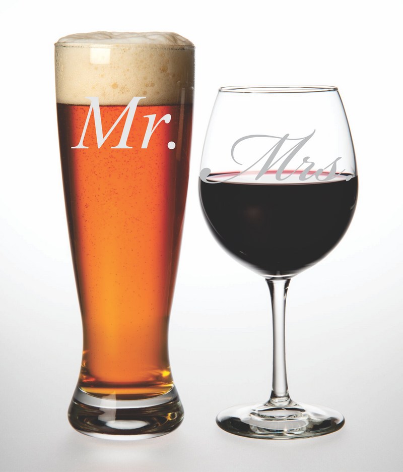 Mr. and Mrs. Beer and wine glass set - Perfect Bride and Groom toasting glasses. Great Couples Gift- Wedding Toasting Glass Set