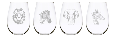 Giraffe, lion, elephant, and zebra stemless wine glass set of 4, 17 oz. Lead Free Crystal