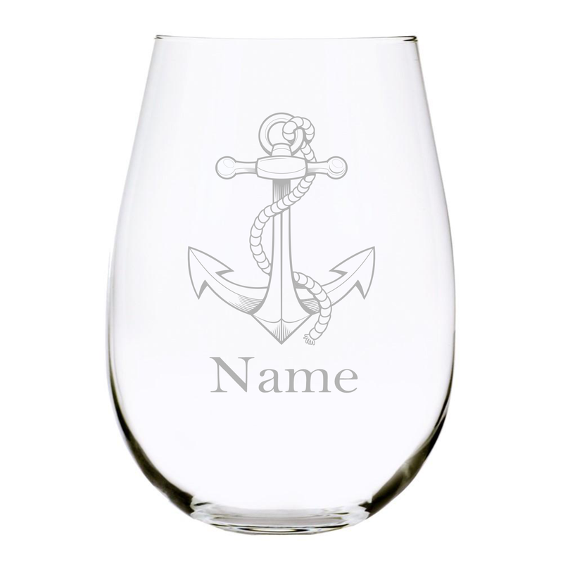 Nautical anchor with name 17 oz. stemless wine glass…
